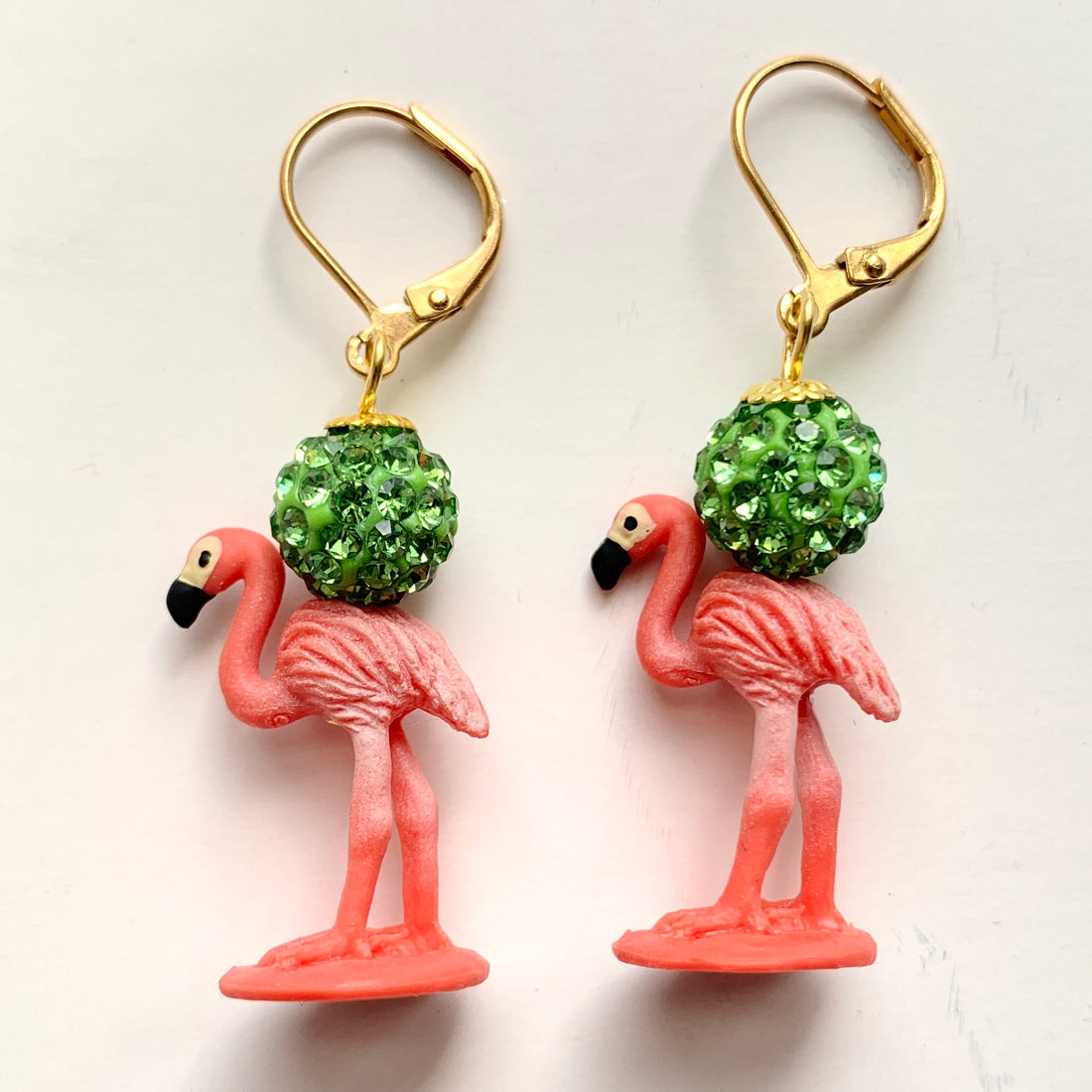 Miniature pink flamingo earrings with green rhinestone pave bead.  Cute summer earrings for women.