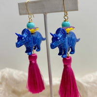 Cobalt Triceratops Tassel Earrings