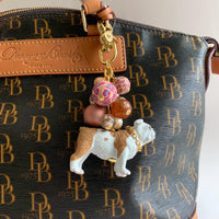 English bulldog keychain. Beaded bag charm with warm taupe and brown beads and bulldog figurine.