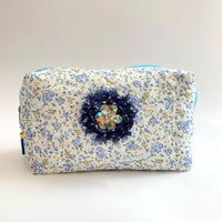 Blue Floral Quilted Makeup Bag, Makeup Organizer, Gifts for Mom, Bridesmaid Gifts - One-of-a-Kind