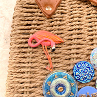 Lenora Dame Flamingo Straw Handbag for Summer with Bamboo Handle - One-of-a-Kind