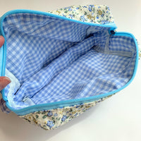 Blue Floral Quilted Makeup Bag, Makeup Organizer, Gifts for Mom, Bridesmaid Gifts - One-of-a-Kind