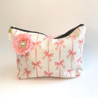 Pink Bows Makeup Bag, Zipper Cosmetic Pouch, Canvas Makeup Organizer - One-of-a-Kind
