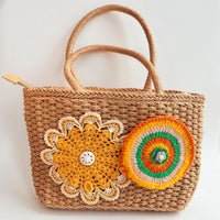 Sunburst Crochet Flower Raffia Tote Bag - One-of-a-Kind