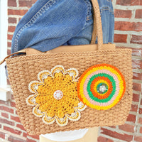 Sunburst Crochet Flower Raffia Tote Bag - One-of-a-Kind
