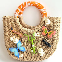 Garden Bugs Woven Straw Handbag - One-of-a-Kind