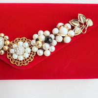 Lenora Dame Red Velvet Clutch Purse with Vintage Details - One-of-a-Kind