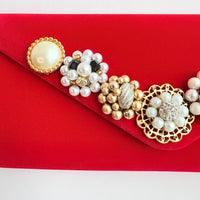 Lenora Dame Red Velvet Clutch Purse with Vintage Details - One-of-a-Kind