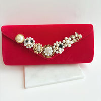 Lenora Dame Red Velvet Clutch Purse with Vintage Details - One-of-a-Kind