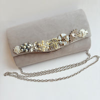 Lenora Dame Cloud Gray Faux Suede Clutch Purse with Vintage Details - One-of-a-Kind