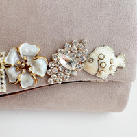 Lenora Dame Cloud Gray Faux Suede Clutch Purse with Vintage Details - One-of-a-Kind