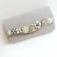 Lenora Dame Cloud Gray Faux Suede Clutch Purse with Vintage Details - One-of-a-Kind