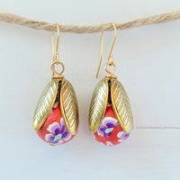Lenora Dame Polymer Clay Flower Bead Cap Earring in Pink & Red