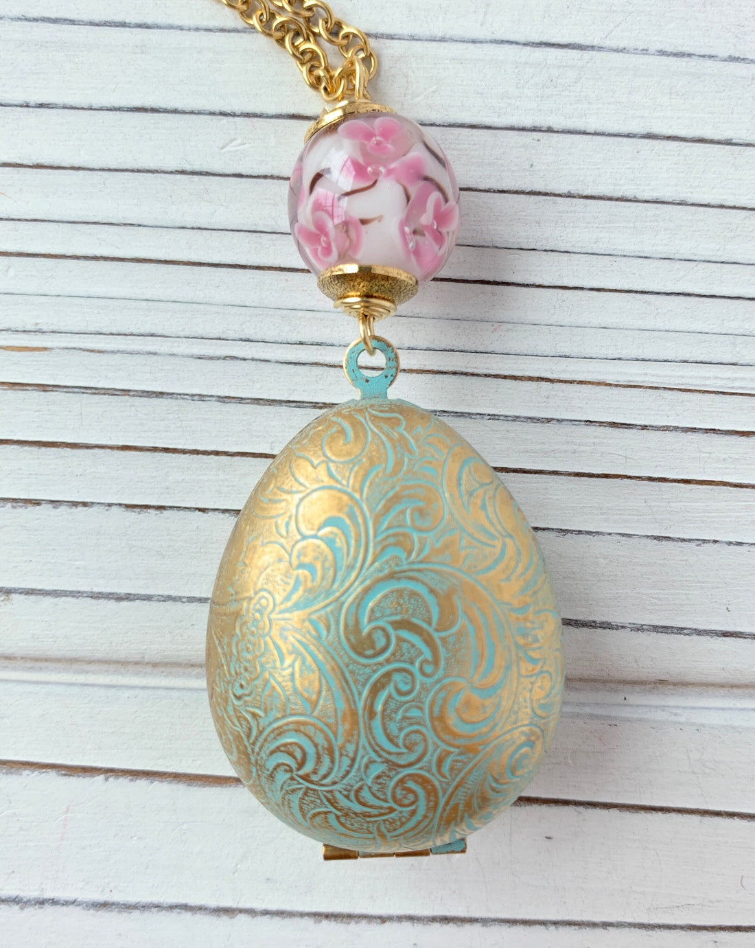 Lenora Dame Easter Egg Etched Locket Necklace