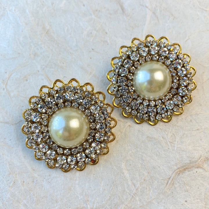 Lenora Dame Crystal Rhinestone and Pearl Clip On Earrings