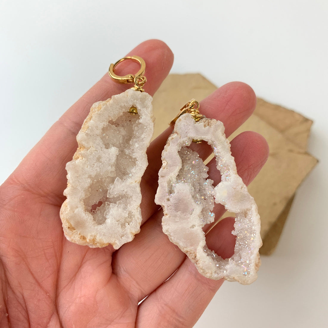 Lenora Dame White Druzy Crystal Agate Geode Earrings