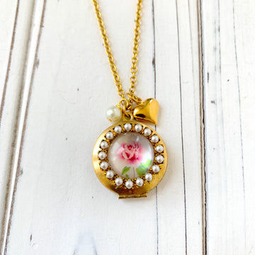 Cabbage Rose Photo Locket Necklace