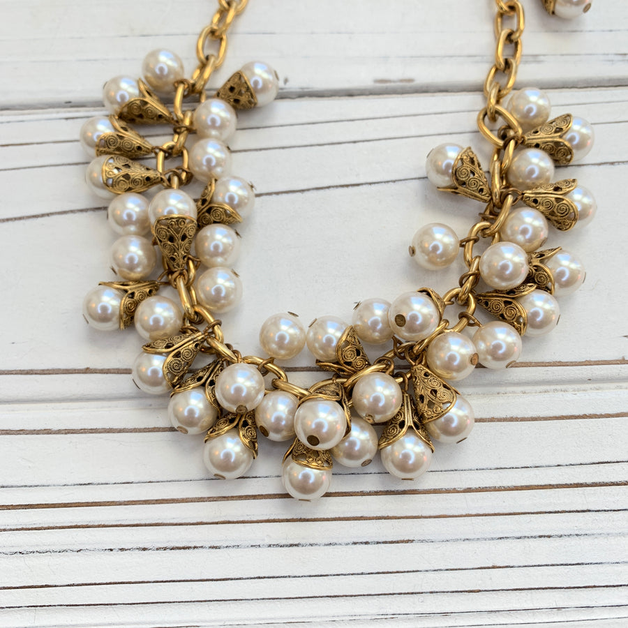 Classic Filigree Bead Cap Pearl Necklace - 3 Pearl Color Options