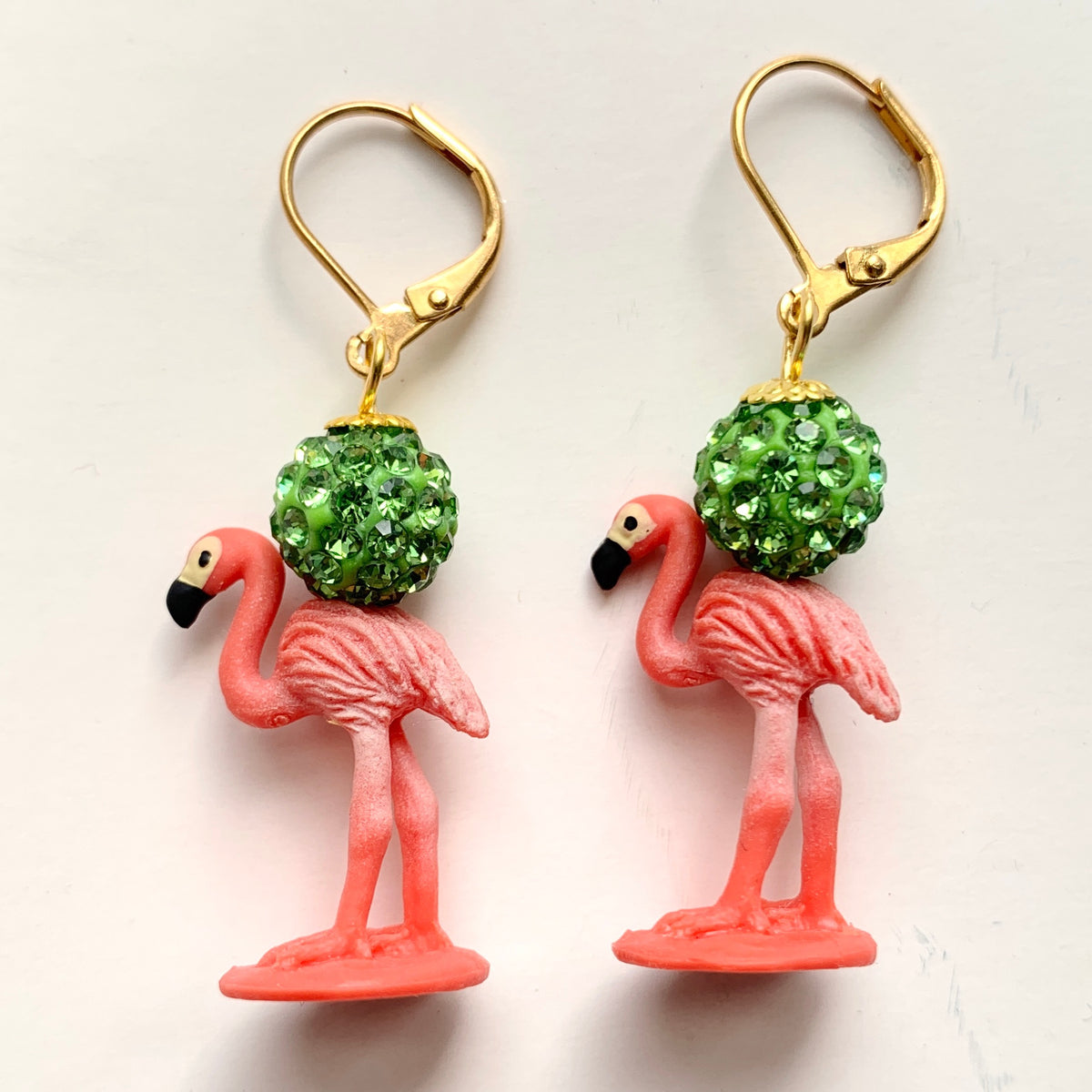 Miniature pink flamingo earrings with green rhinestone pave bead.  Cute summer earrings for women.