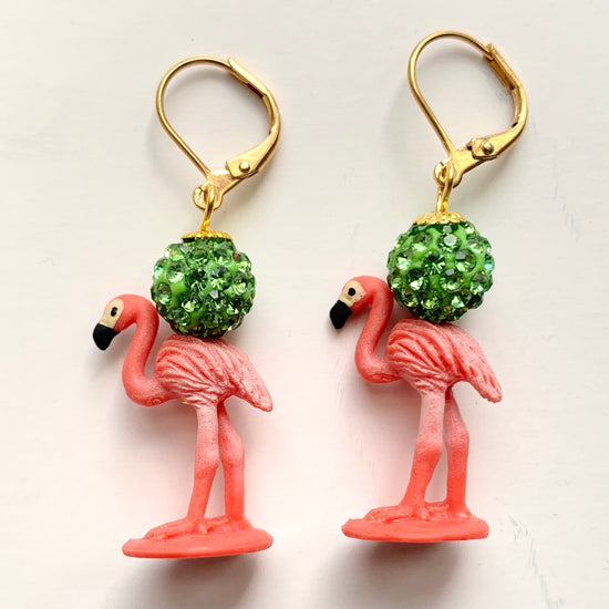 Miniature pink flamingo earrings with green rhinestone pave bead.  Cute summer earrings for women.