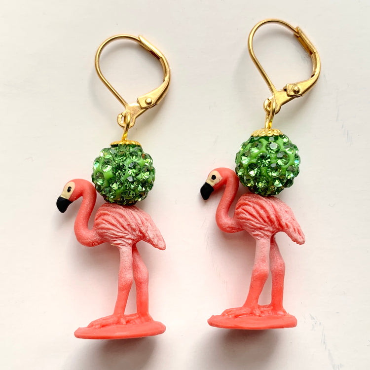 Miniature pink flamingo earrings with green rhinestone pave bead.  Cute summer earrings for women.