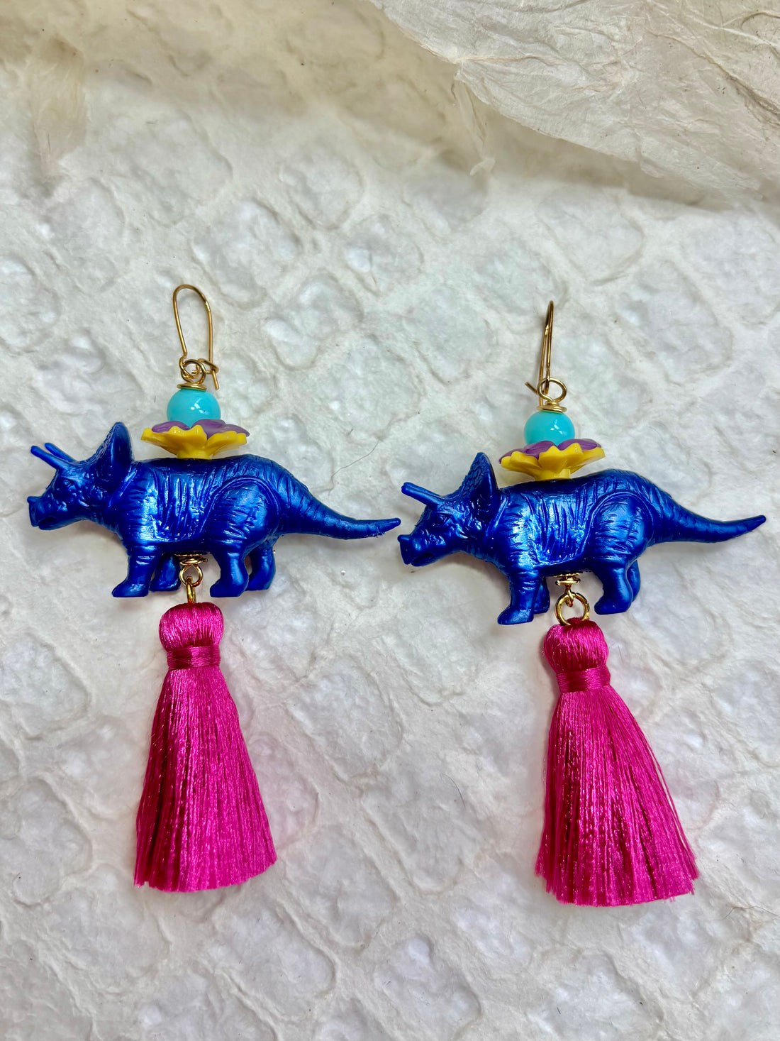 Cobalt Triceratops Tassel Earrings
