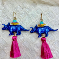 Cobalt Triceratops Tassel Earrings