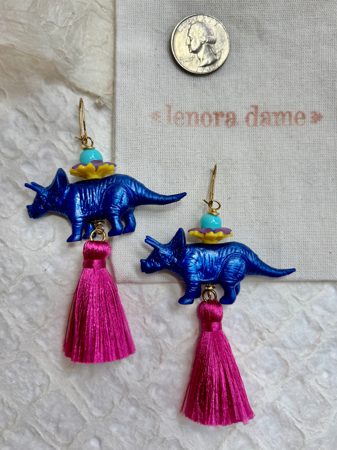 Cobalt Triceratops Tassel Earrings