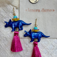 Cobalt Triceratops Tassel Earrings