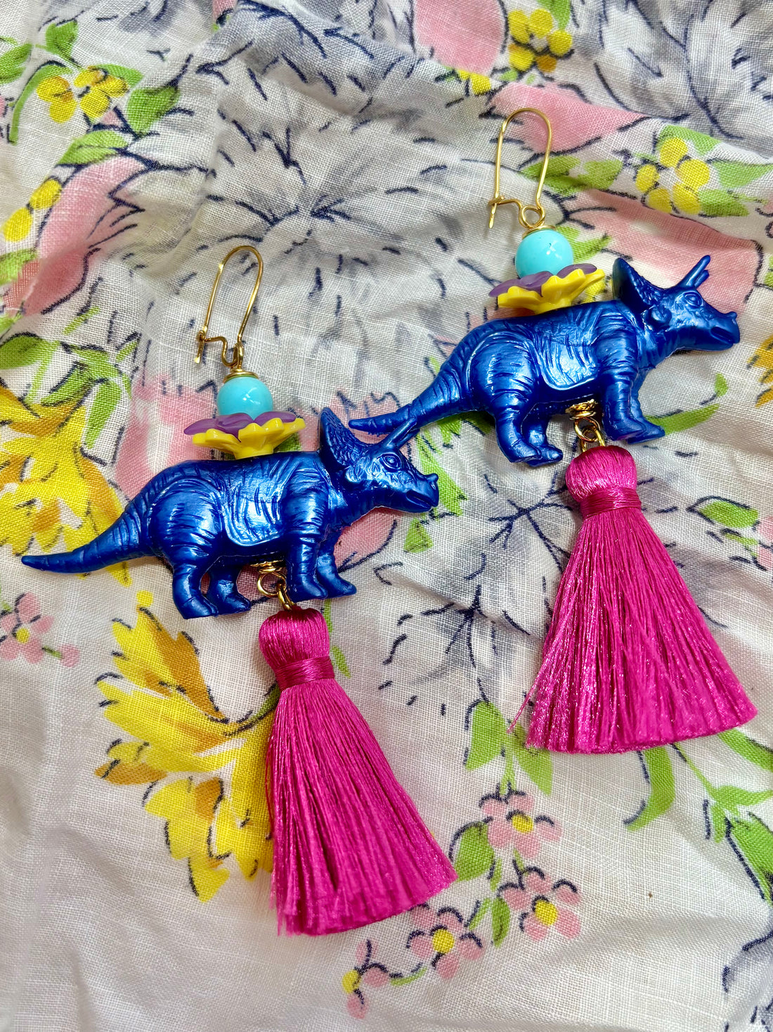 Cobalt Triceratops Tassel Earrings