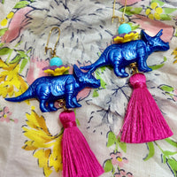 Cobalt Triceratops Tassel Earrings