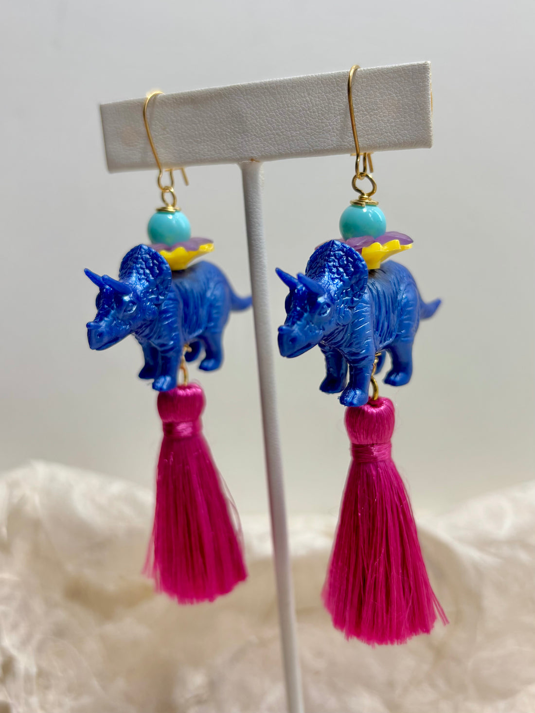 Cobalt Triceratops Tassel Earrings