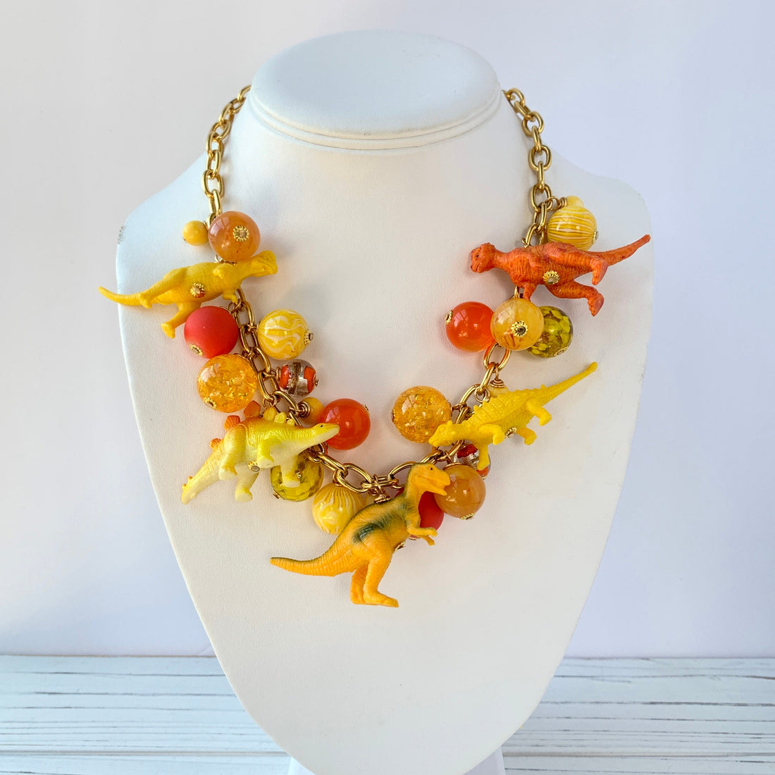 Sunny Yellow and Tangerine Orange Dinosaur Necklace