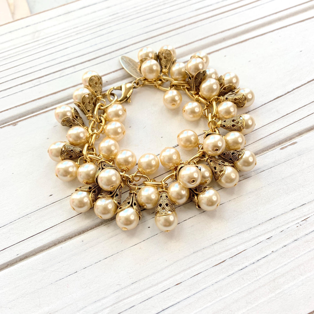 Lenora Dame Filigree Bead Cap Pearl Charm Bracelet - 3 Pearl Color Options