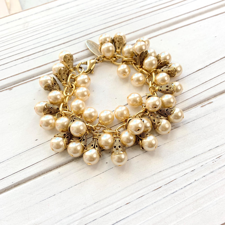 Lenora Dame Filigree Bead Cap Pearl Charm Bracelet - 3 Pearl Color Options