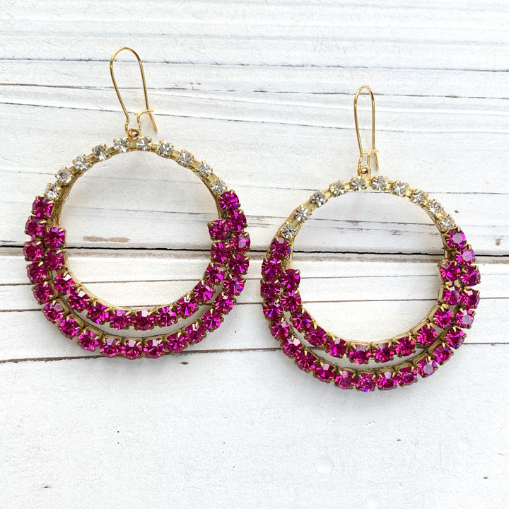 Magenta rhinestone hoop earrings. Gold hoop earrings for women.
