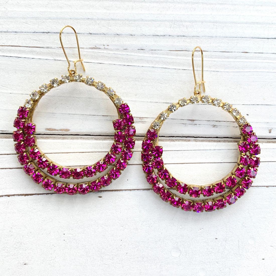 Magenta rhinestone hoop earrings. Gold hoop earrings for women.