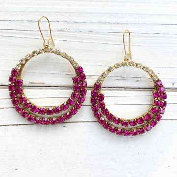 Magenta rhinestone hoop earrings. Gold hoop earrings for women.