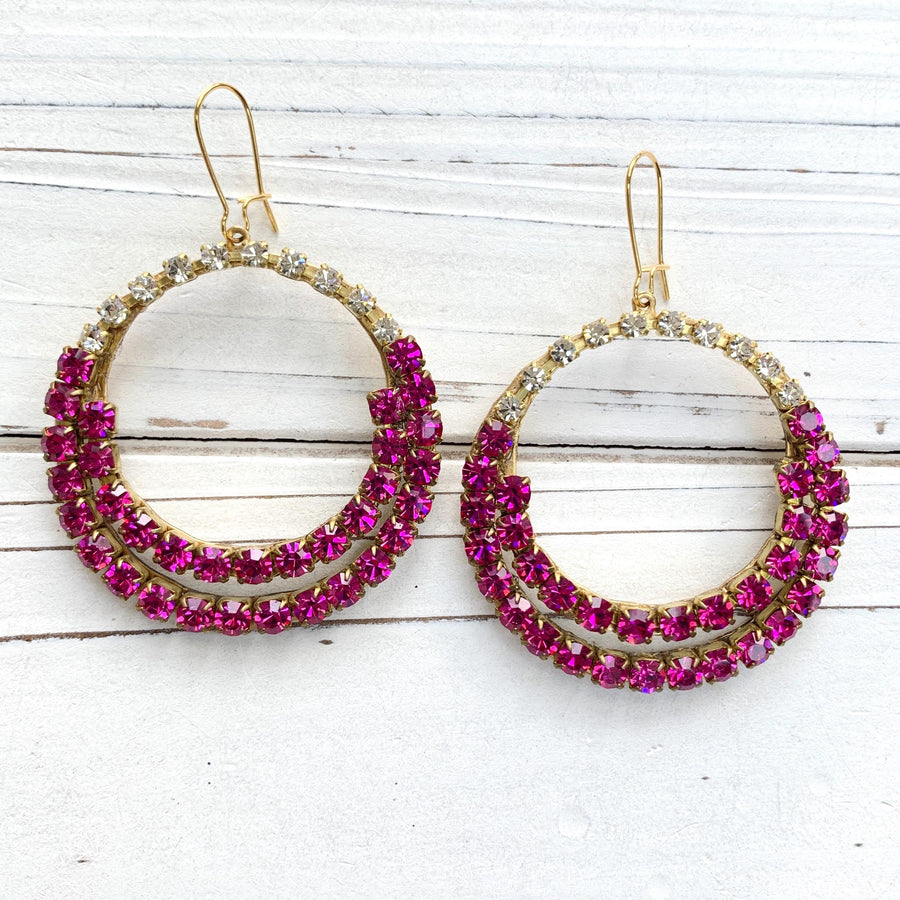 Magenta rhinestone hoop earrings. Gold hoop earrings for women.