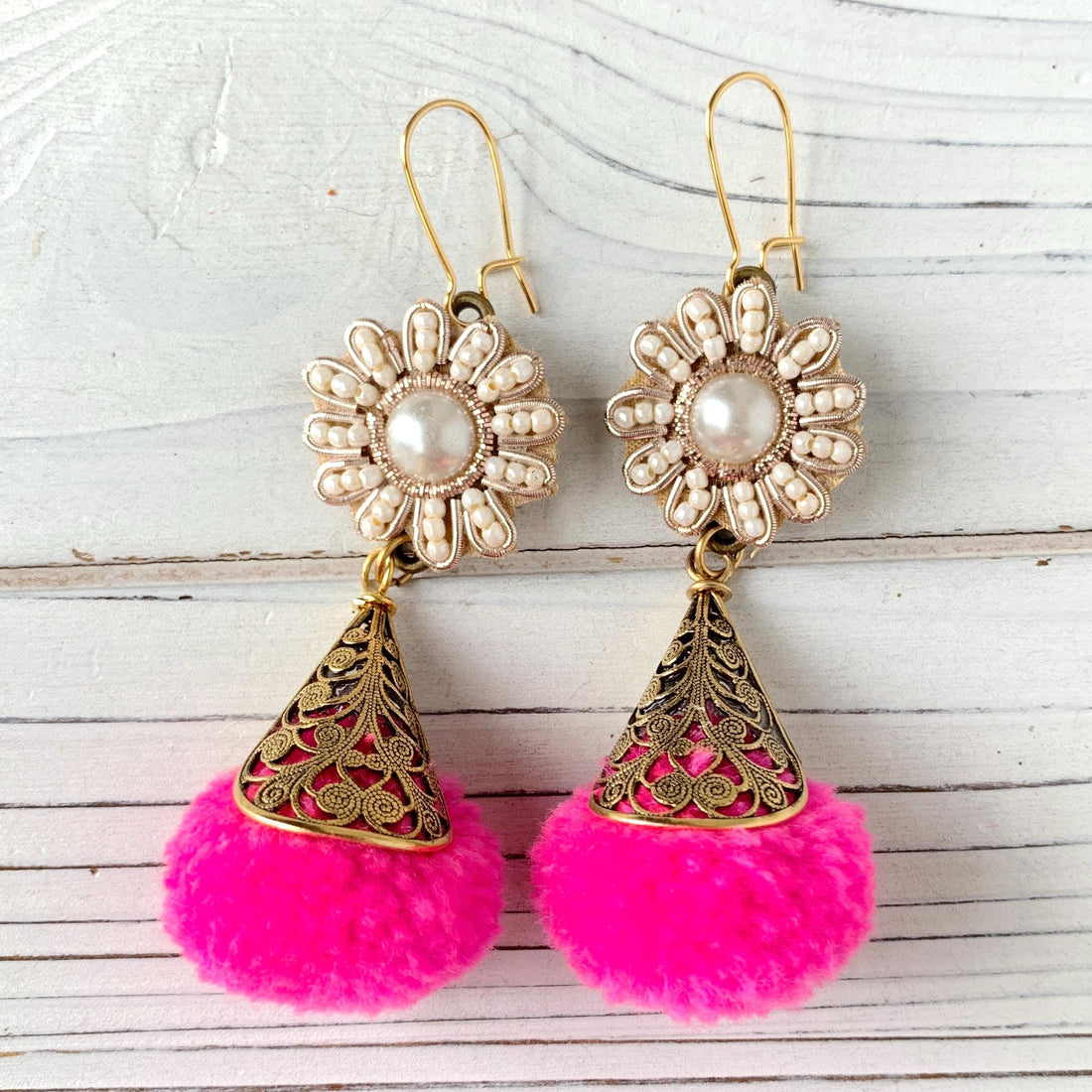 Pink Pom Pom Statement Earrings