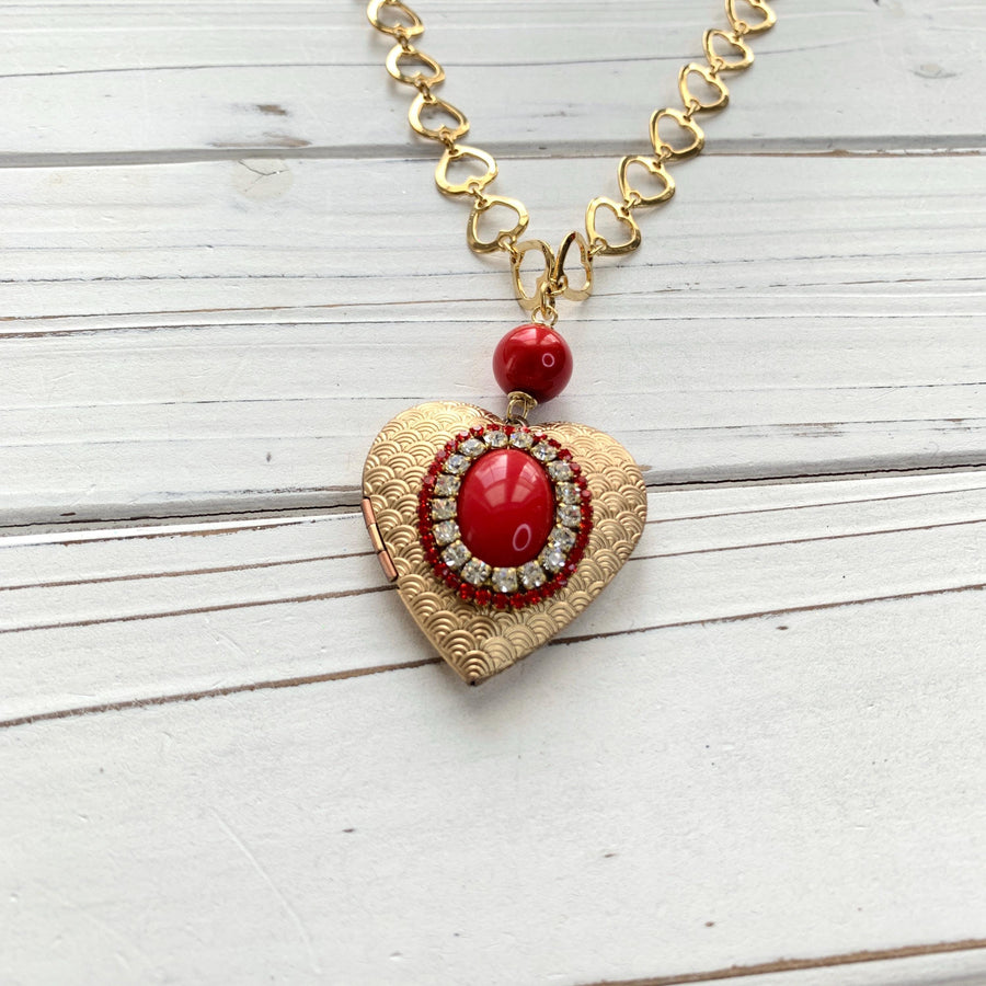 Rhinestone Heart Locket Necklace