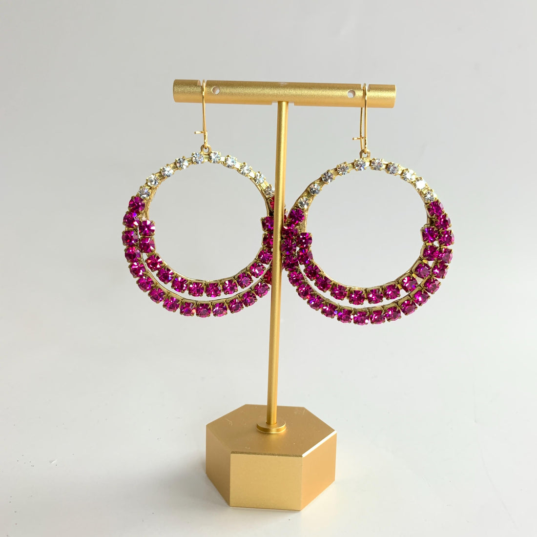 Magenta rhinestone hoop earrings. Gold hoop earrings for women.