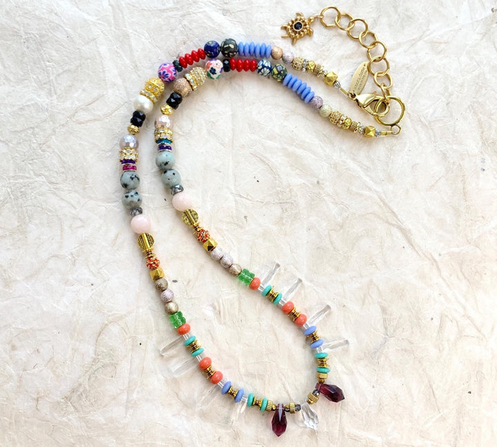 Long colorful beaded necklace. Lenora Dame jewelry.