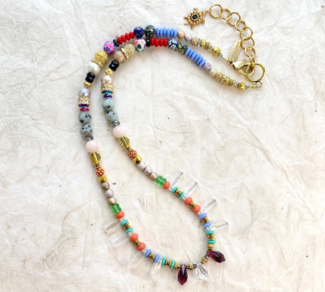 Long colorful beaded necklace. Lenora Dame jewelry.