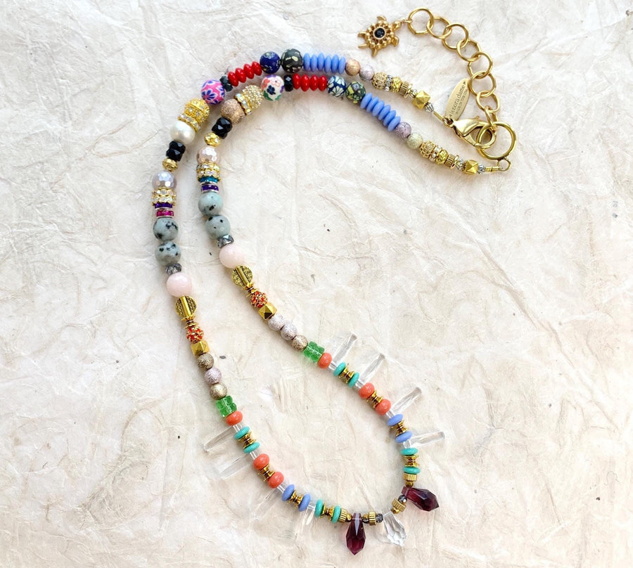 Long colorful beaded necklace. Lenora Dame jewelry.
