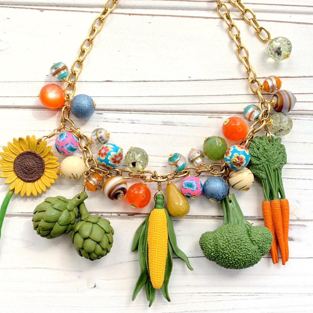 Vegetable charms and colorful beads necklace for women. Cute gifts for garden lovers.