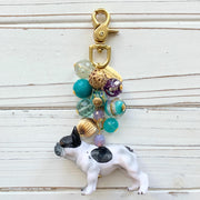 French bulldog keychain with aqua and gold beads and gold trigger clasp. Frenchie gifts for French bulldog owners.