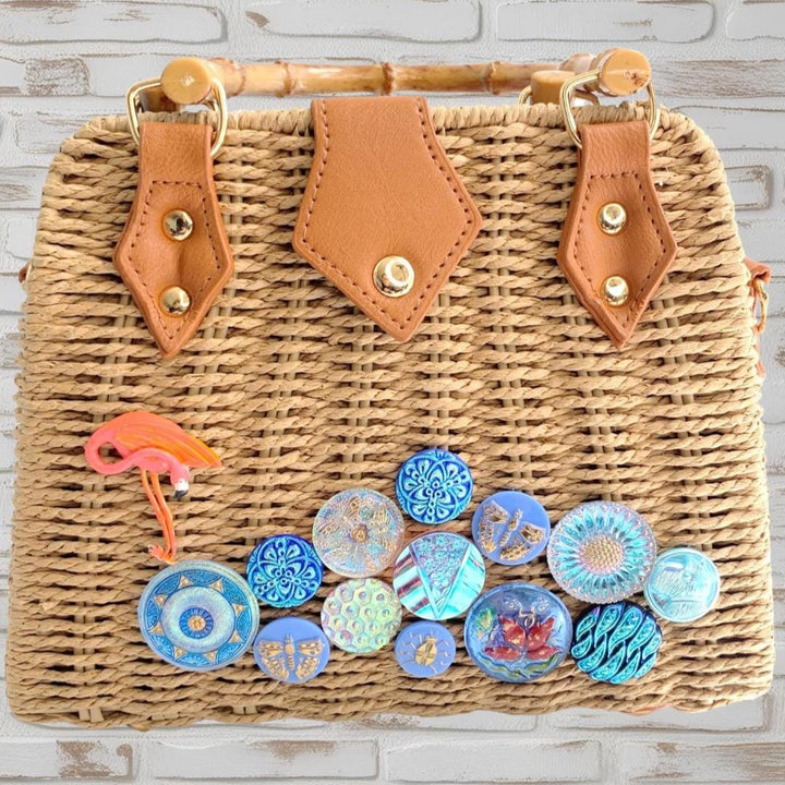 Lenora Dame Flamingo Straw Handbag for Summer with Bamboo Handle - One-of-a-Kind