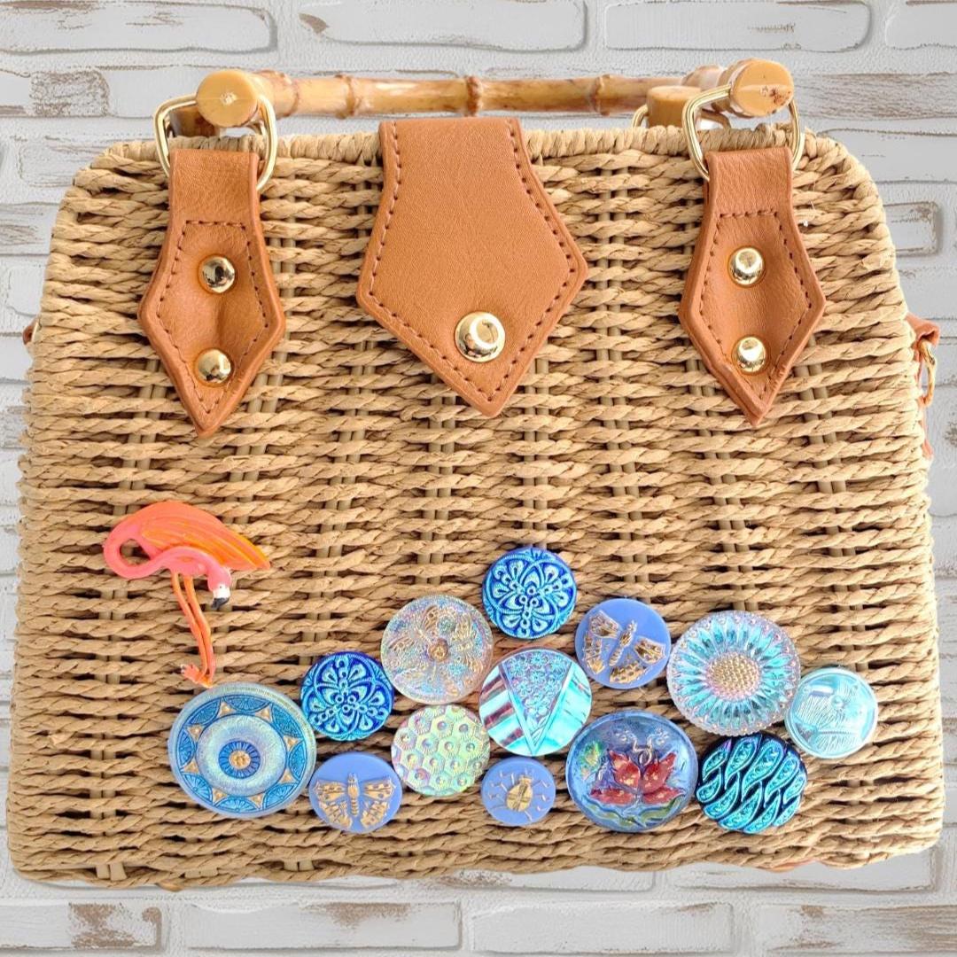 Lenora Dame Flamingo Straw Handbag for Summer with Bamboo Handle - One-of-a-Kind