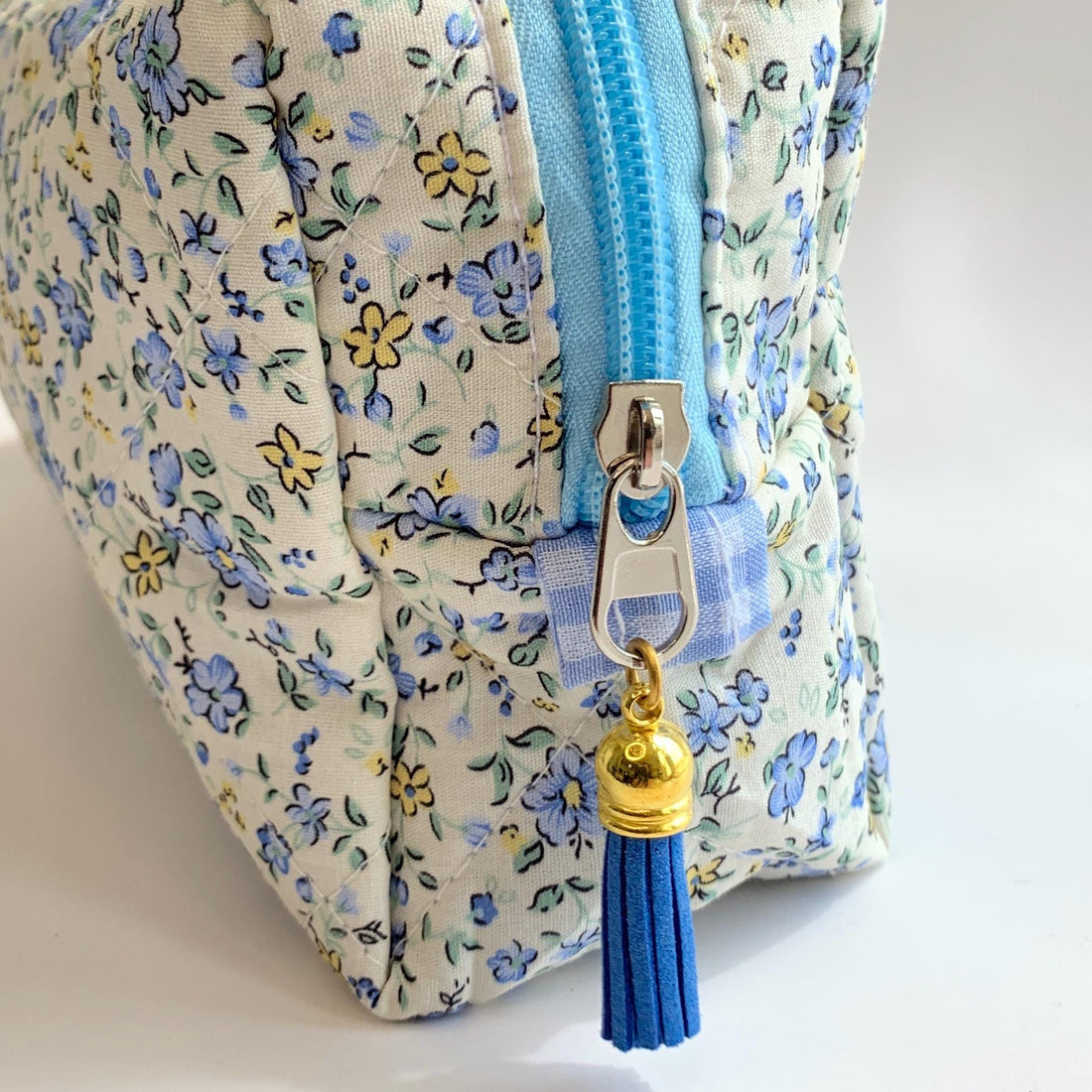 Blue Floral Quilted Makeup Bag, Makeup Organizer, Gifts for Mom, Bridesmaid Gifts - One-of-a-Kind